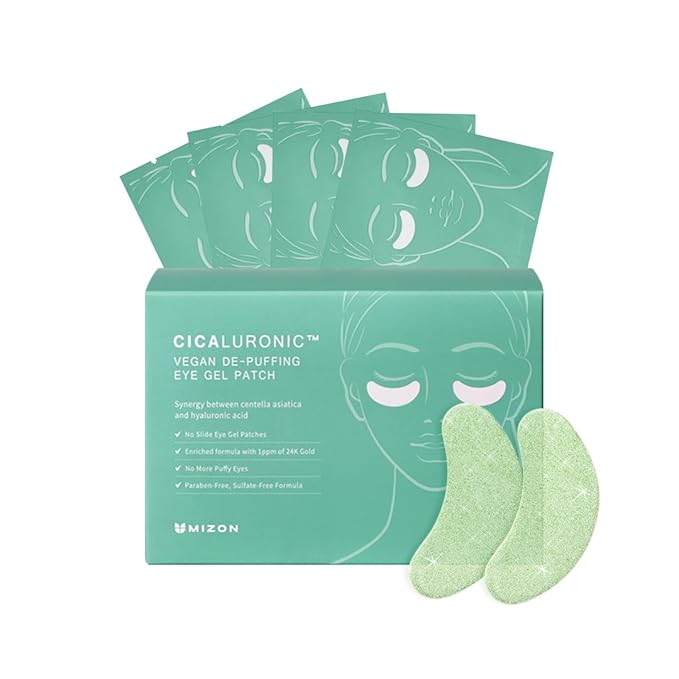 MIZON Cicaluronic Vegan De-puffing Eye Gel Patch, 24K Gold & Cica Under Eye Mask, Reduces Puffy Eyes, Dark Circles and Wrinkles Excellent for on the Go Package (21 pairs)
