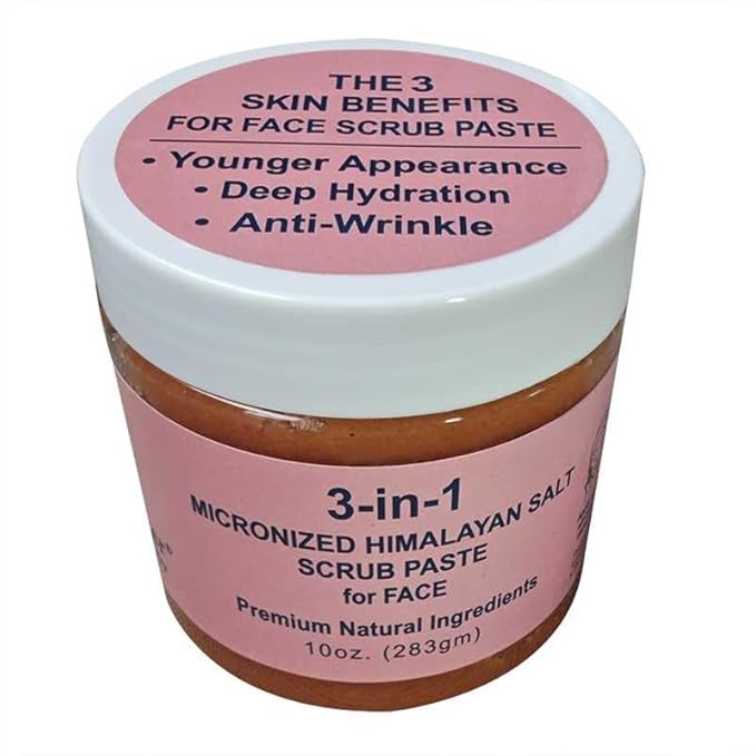 3-in-1 Micronized Himalayan Salt Scrub Paste for Face – 3 Skin Benefits: Younger Appearance, Deep Hydration & Anti-Wrinkle (10 oz / 283 g)