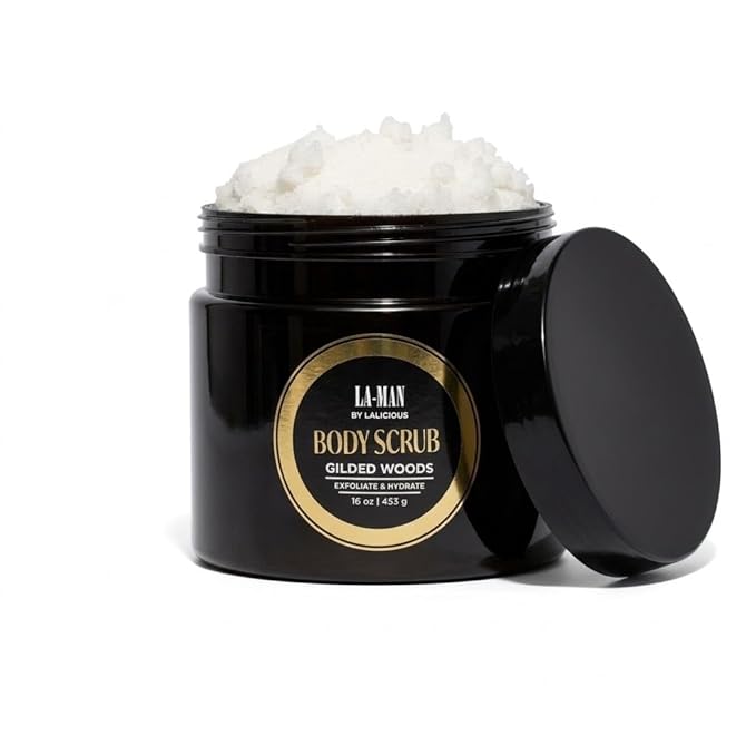 LALICIOUS Gilded Woods LA-MAN Body Scrub | Exfoliating Sugar Scrub for Men | Body Exfoliator for Dead Skin & Optimal Hydration | Pure Cane Sugar + Coconut Oil | Large 16oz