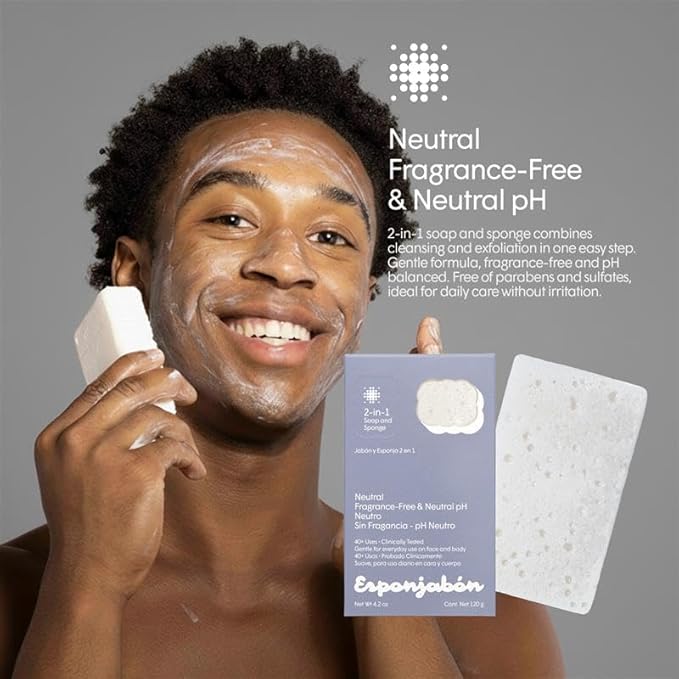 T.Taio Esponjabon Neutro 2-in-1 Soap and Sponge – Gentle Shower Scrubber – Soap-Infused Exfoliating Bath Sponge – Deep Cleansing, Soft Lather & Massage – for Face, Body, Feet & Elbows