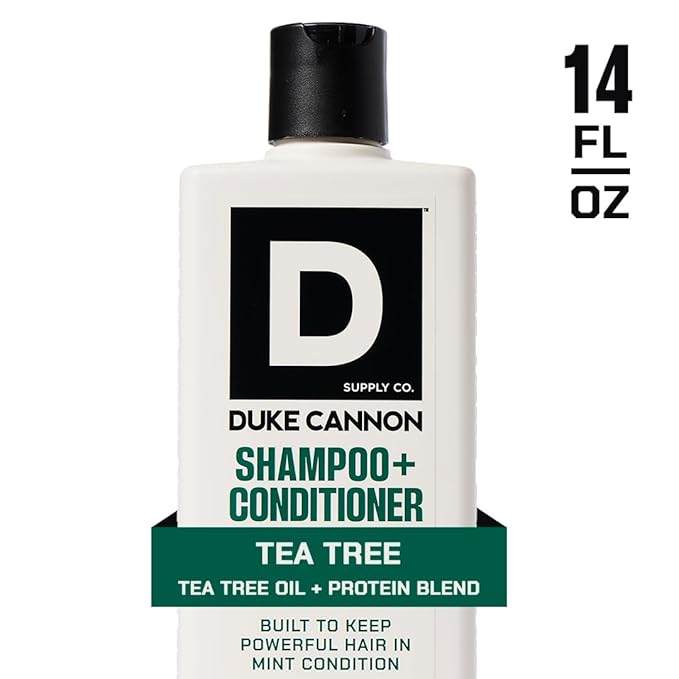 Duke Cannon Supply Co. 2-in-1 Hair Wash - Masculine Scent - Gentle Cleansing Hair Wash For Men - Stimulating Hair Shampoo & Conditioner - Strengthens Hair - Tea Tree & Midnight Swim - 2 Pack (14 oz)
