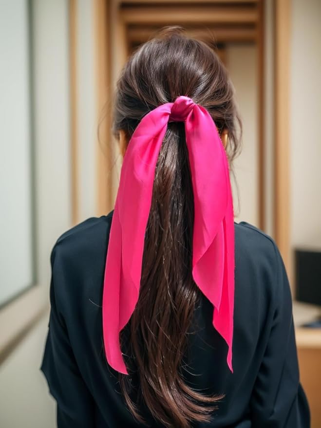 Pack of 2 Knotted Bow Hair Scrunchies Elastic Hair Scarf Black Hair Ties Bands Satin Hair Ribbon Scrunchy Red Ponytail Holder for Women and Girls, Hair Scarf Scrunchies, Hair Accessories Hair Bow