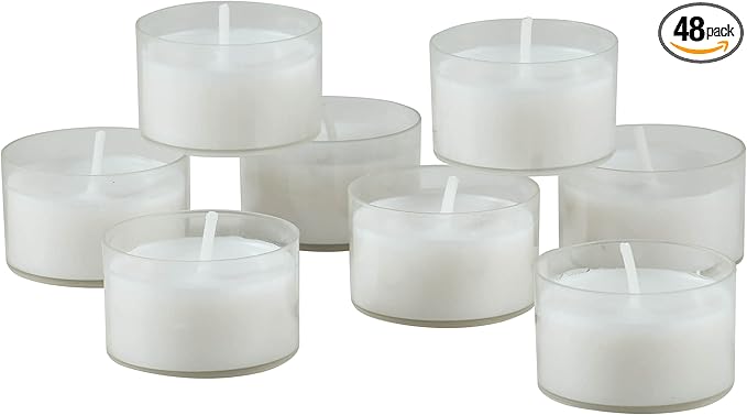Stonebriar 48 Count White Unscented Smokeless Long Burning Clear Cup Tea Light Candles with 6 to 7 Hour Burn Time