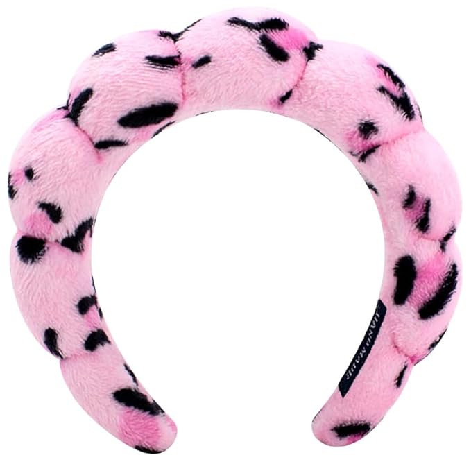 AOENJIE Spa Headbands for Washing Face or Makeup, Sponge Bubble Skincare Headbands, Puffy Terry Cloth Hairband for Women, Skin Care Makeup Headwear Hair Accessories for Girls (Leopard Pink)