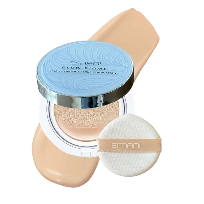 NAD+ Serum Foundation for Sensitive Skin — EMANI Biome Lightweight Skin-Like Coverage with Vitamin C, Peptides, Ceramides & Avocado Oil — Buildable, Vegan, Refillable Compact, 0.63 fl oz (Light Glow)
