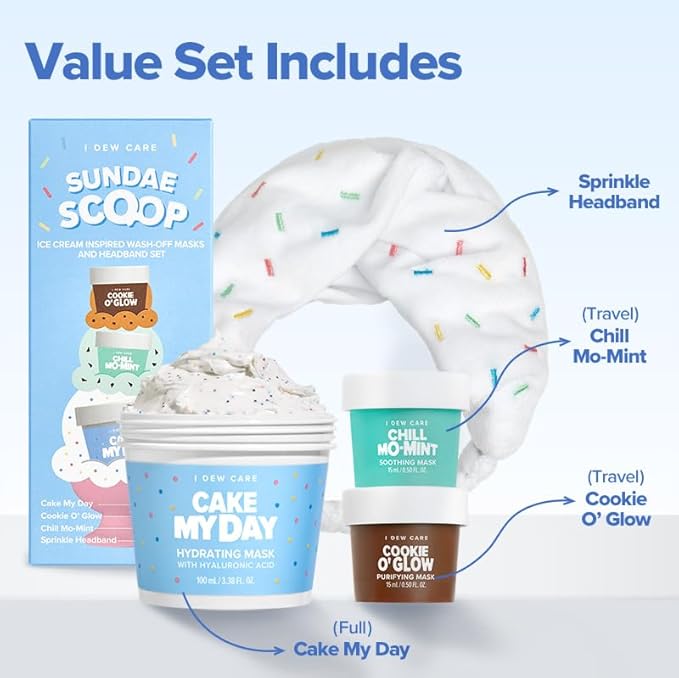 I DEW CARE Wash Off Face Mask Set - Sundae Scoop | Skincare Set for Girls & Teens, Face Mask Kit, Moisturizing & Soothing, Hydrating, Hyaluronic Acid, Travel Mini, Stocking Stuffers, Teen Girl Gifts