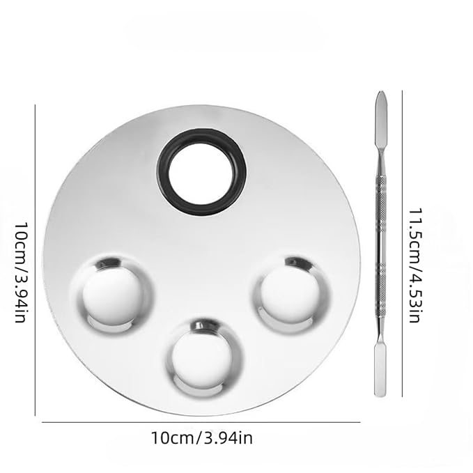 1Set of Round 4 Hole Stainless Steel Mixing Palette With Spatula For Nail Eye Shadow Eyelash Pigment Blending Foundation (Round 4 hole color palette)