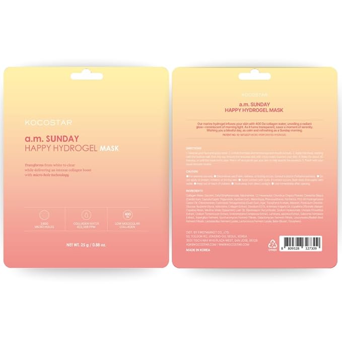 KOCOSTAR Norwegian Collagen Hydrogel Mask | Patented Bio-Collagen Overnight Real Deep Mask with Hyaluronic Acid, Promotes Skin Elasticity and Intense Hydration, Korean Skincare, (1 sheet, 0.88 oz)