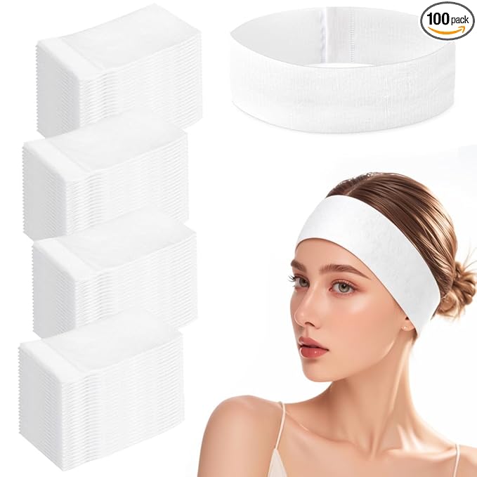 Clucycia 100PCS Disposable Headbands Spa Facial Hair Bands Elastic Non-woven Headband with Magic Tape Stretch Soft Skin Care Hair Band with Straps for Salons Supplies White