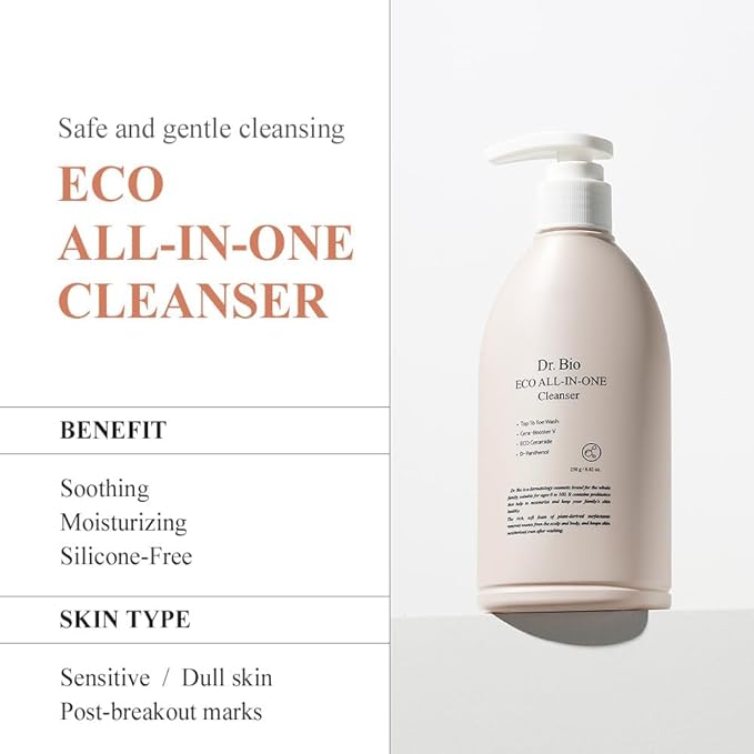 Dr.Bio Eco All-in-One Cleanser, Face & Body Wash for Sensitive Skin with Ceramide, Probiotics & Cica, Vegan, Fragrance-Free, Mild Gentle Hydrating Cleanser, Hypoallergenic Korean Skincare