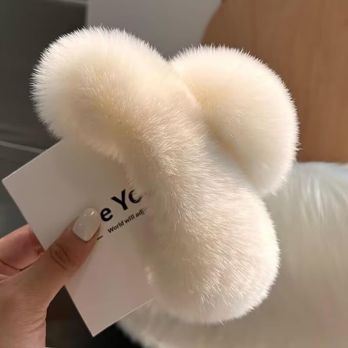 YOYLMAL Large Faux Fur Hair Claw Clip for Women, 5.1 Inches Winter Fluffy Fuzzy Hair Clips, Nonslip Strong Hold Furry Big Jaw Clamp for Thick Long Hair (White)