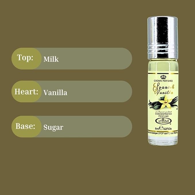 Al-Rehab Spanish Vanilla Perfume Oil 6ML (0.2 Oz) - Arabian Oils For Women - Long Lasting Concentrated Oil - A Luxurious Soft & Sweet Women's Fragrance For An Elegant Touch