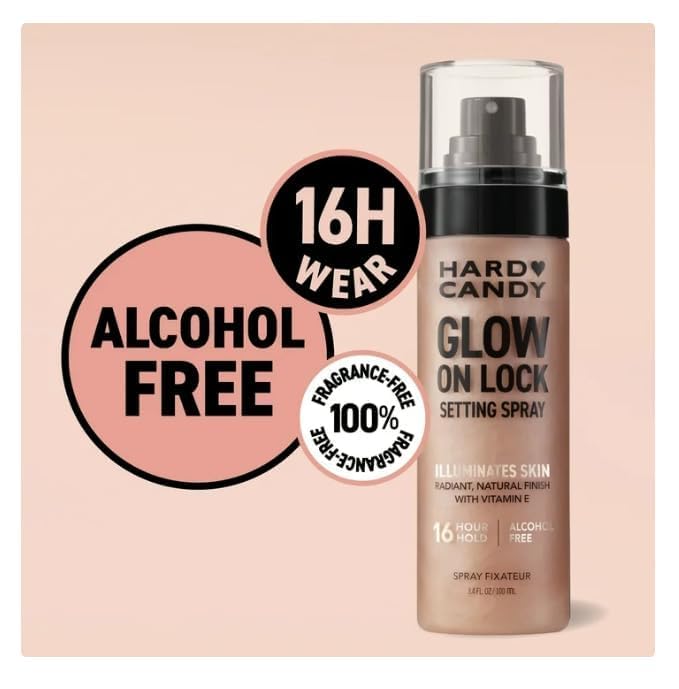 Hard~Candy Glow On Lock Setting Spray, Alcohol-Free, 16 Hour Hold, Luminous Finish ~ 3.4oz/fl ~ Pack of 1