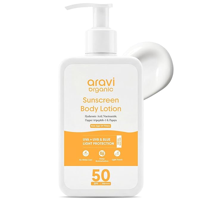 Aravi Organic Oil-Free Body Sunscreen Lotion SPF 50 | (In-Vivo) Dermatologically Tested | Travel Size | Broad Sprectum, UVA/UVB & Blue Light Protection | Zinc Oxide & Titanium Dioxide | 6.76 Fl Oz