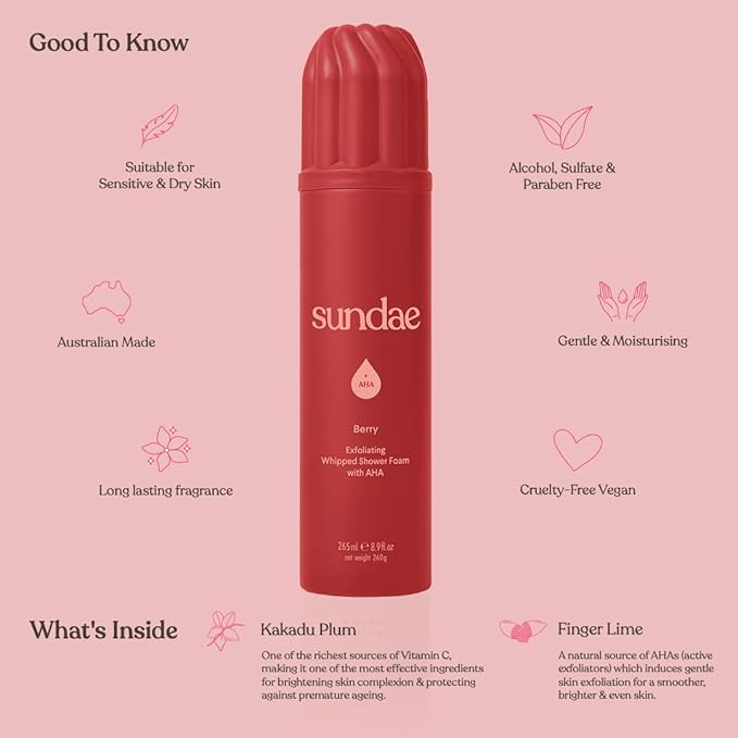 sundae Exfoliating Whipped Shower Foam Berry Foaming Body Wash with Glycolic Acid (AHA) for Clogged Pores 8.9 fl oz, 265ml