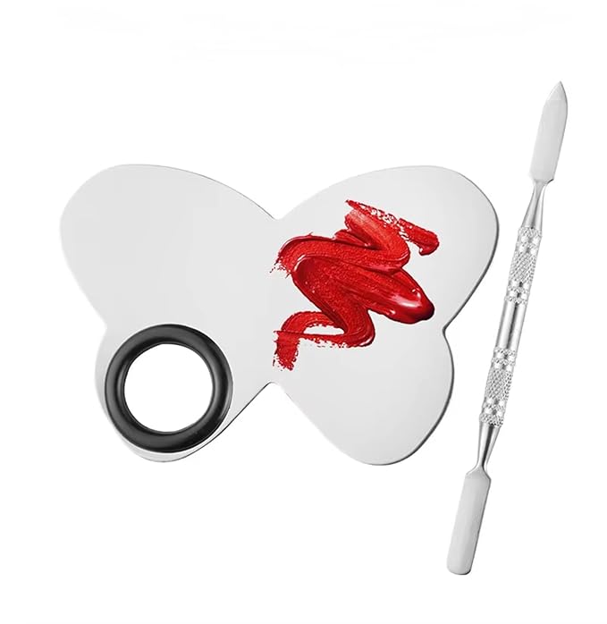 1Set Steel Butterfly Design Palette With Spatula Rods for Mixing Cream Pigments Make Up Gel Foundation Eye Shadow Nail Art Manicure Tool (Butterfly shaped color palette)