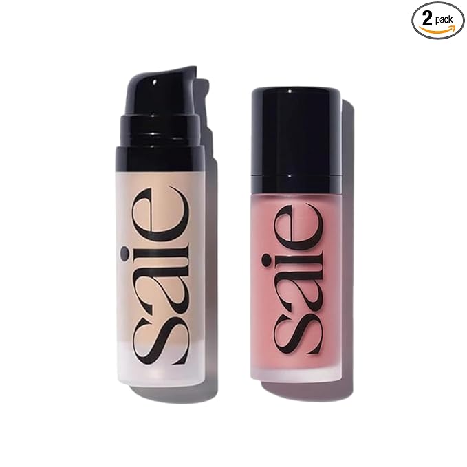 Saie Dewy Glow Duo - Dew Liquid Blush Lady (.40 oz), Mini Glowy Super Gel Warmglow (.5 oz) - Radiant Cheek Tint & Illuminating Primer for a Natural, Lit-From-Within Finish