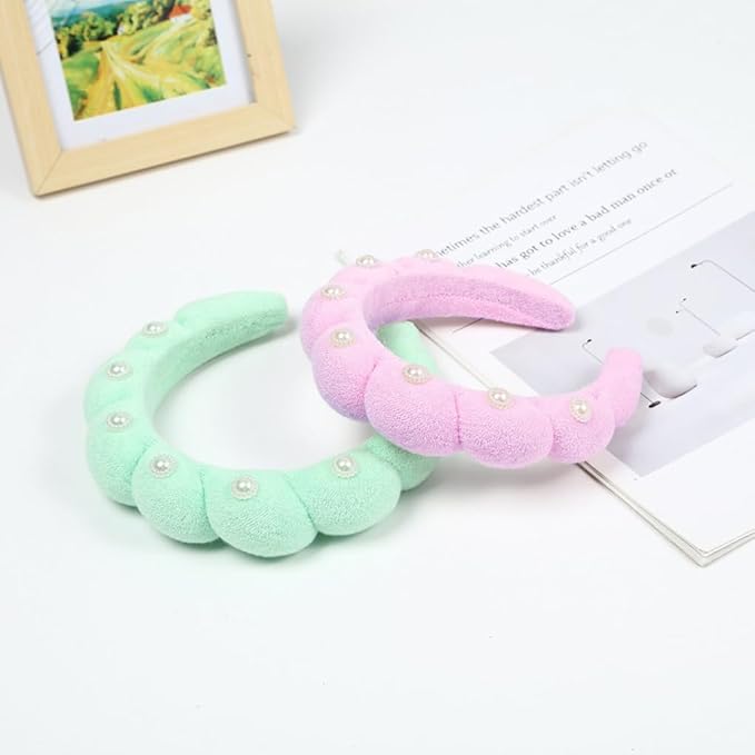 Spa Headbands Puffy Makeup Skincare Headbands for Washing Face or Facial, Terry Cloth Fabric Hairbands for Makeup Removal Shower Skin Treatment(Pink, Pearl)