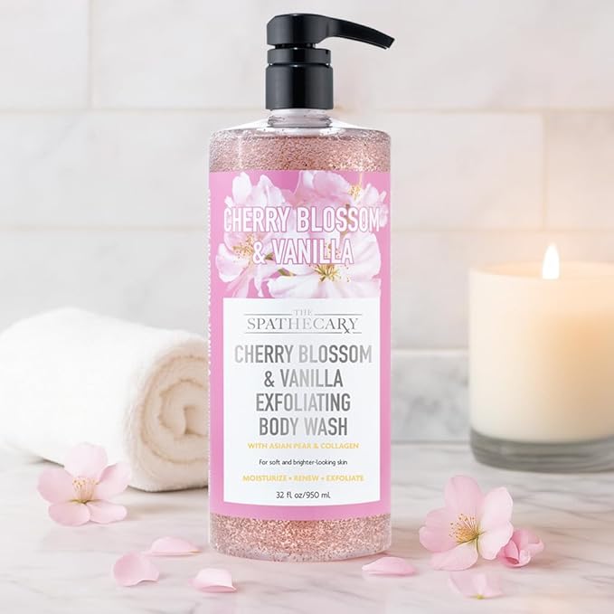 Cherry Blossom & Vanilla Exfoliating Body Wash with Coconut and Asian Pear & Collagen | Moisturize Renew & Exfoliate, 32 oz.