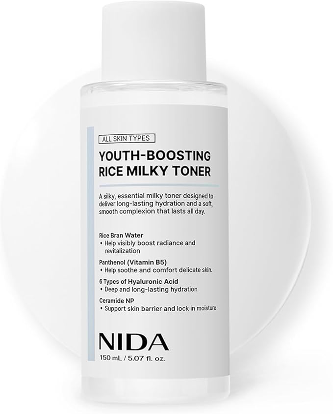 NIDA Youth-boosting Rice Milky Toner, for Glass Skin | Rice Bran Extract, Niacinamide, Ceramide NP, Panthenol | Deep Moisturizing, Hydrating and Refreshing, Korean Skin Care | 5.07 fl. oz., 150ml