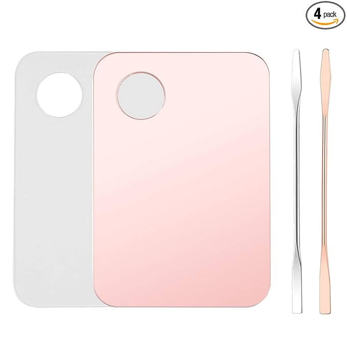 4 Pcs Makeup Mixing Tray Makeup Palette with Makeup Spatula Makeup Mixing Palette Foundation Palette for Eye Shadow Lipsticks Nail Art Beauty Salon (Pink and Transparent)