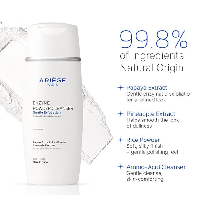 ARIGE PARIS Gentle Face Cleanser Enzyme Powder Face Wash, Rice Cleanser and Rice Exfoliator for Face, Water-Activated Travel Face Wash, 99.8 Percent Natural, Made in France