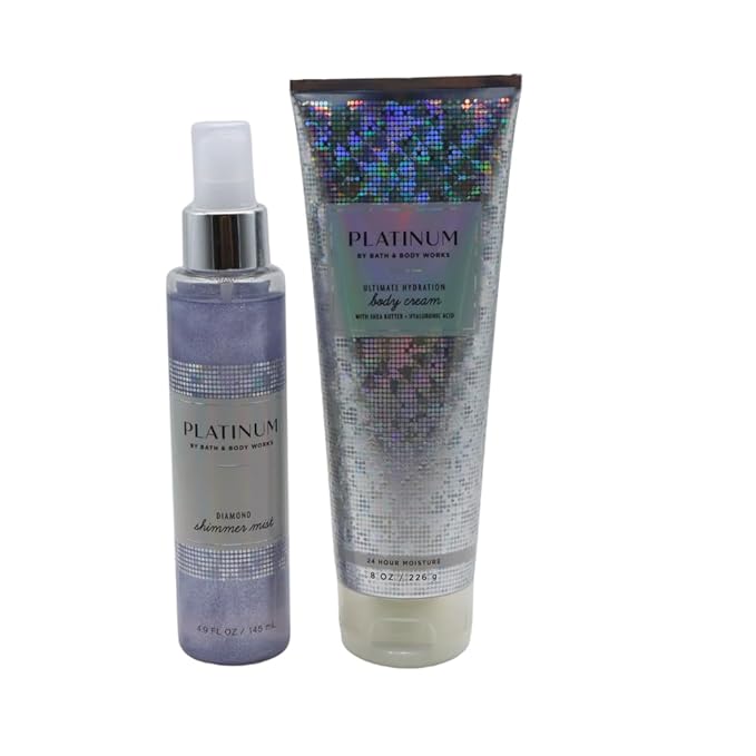 Bath & Body Works PLATINUM Diamond Shimmer Mist & Ultimate Hydration Body Cream 2pc bundle with a Blue Bow for Holidays & Gifts