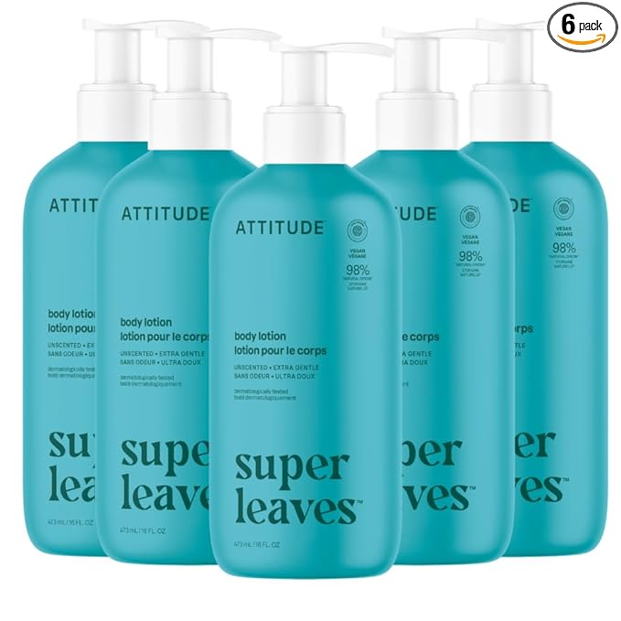 ATTITUDE Body Lotion, EWG Verified, Vegan & Cruelty-Free, Hydrating Moisturizer for Dry Skin, Non-Greasy, Extra Gentle Skin Care, Unscented, 16 Fl Oz (Pack of 6)