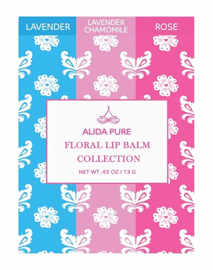 Floral Lip Balm Collection, Vegan Set, Beeswax Free, with Organic Jojoba and Avocado Oil, Vitamin E, Natural Moisturizer for Dry, Chapped or Cracked Lips, 3 Tube Set