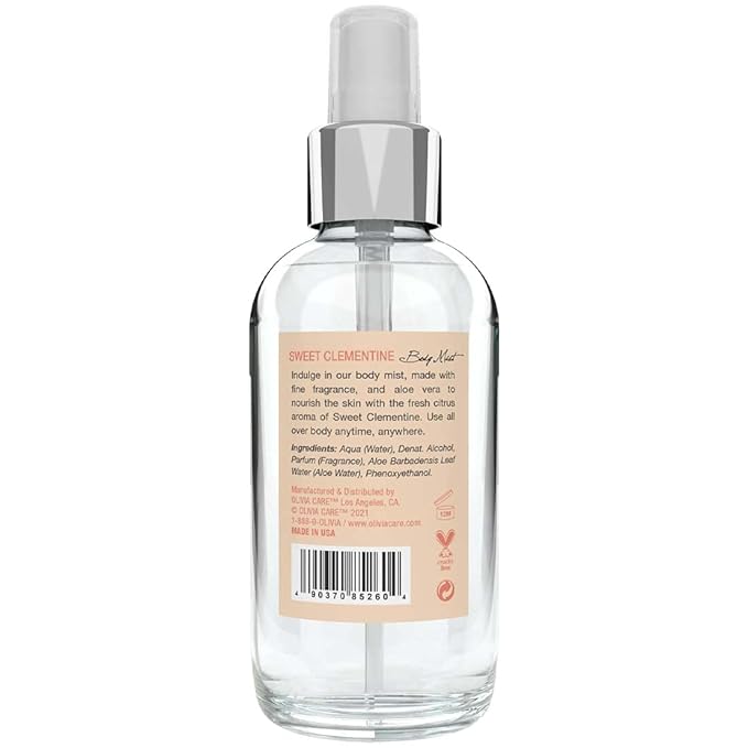 Olivia Care Body Mist Spray Made with Natural Sweet Clementine Scent - Refreshing, Soothing, Cooling & Moisturizing - Eliminate Odor with Fresh Floal Aroma - 4 FL OZ