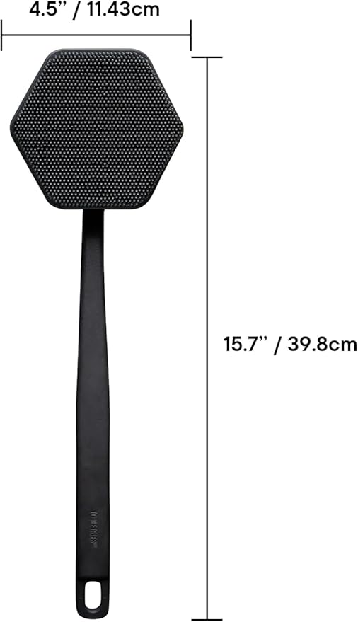 TOOLETRIES Silicone Back Scrubber for Shower Exfoliating Back Brush for Men with Long Handle, Non Slip Grip Body Washer to Clean Hard to Reach Areas, Durable Bath Accessory - Charcoal