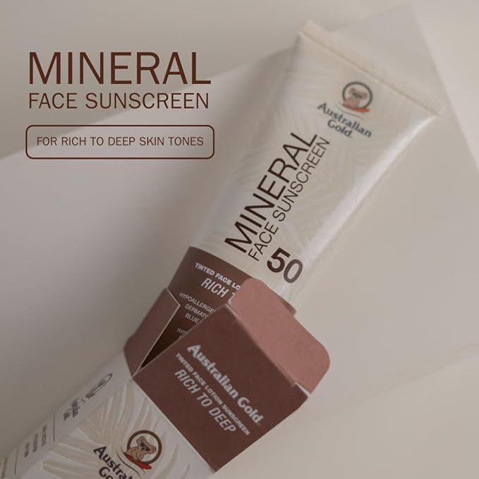 Australian Gold SPF 50 Tinted Mineral Face Sunscreen, Rich to Deep, 2.5 fl oz, Broad Spectrum, Non-Greasy BB Cream with Blue Light & Sun Protection, 4% Zinc Oxide & Titanium Dioxide, Hypoallergenic