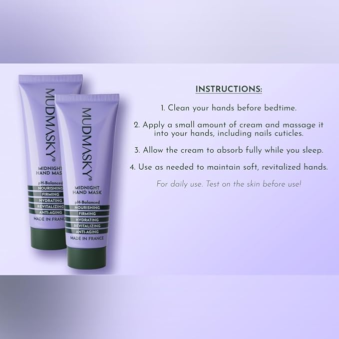 MUDMASKY Midnight Hand Mask 40ml - Fast-Absorbing, Non-Greasy Moisturizer for Hydrated Hands - Anti-Aging with Vitamin E, Sunflower & Almond Oils - Vegan Formula - Lavender Scent - Made in France