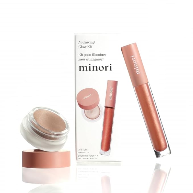 Minori No Makeup Glow Kit, Radiant Duo Gift Set: Full-Size Lip Gloss in Cozy & Cream Highlighter in Champagne, Vegan & Cruelty-Free for a Minimalist Glow