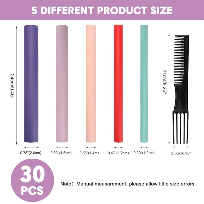 Flexible Hair Curlers to Sleep in, 30PCS Flexi Rods (9.45" and 5 Sizes 0.39"-0.78"), No Heat Heatless Curling Set for Short Medium Long Hair
