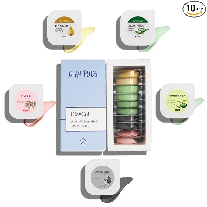 ClayCo! 10 Piece Clay Mask Variety Kit for Men & Women Facial and Skin Care, Clay Face Mask Set (Rose, Dead Sea, Green Tea, Aloe Vera, 24K Gold)
