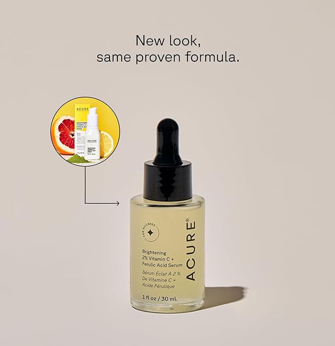 Acure Brightening 2% Vitamin C & Ferulic Acid Serum - Vit C Serum for Face, Anti Aging, Bright Glow for Women & Men, Facial Skincare, Vegan & Cruelty Free - 1 fl oz