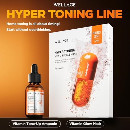 WELLAGE Hyper Toning Vita C Bubble Mask, Korean Skincare, Wash Off Facial Pack for Dull Tired Skin, Brightening and Hydrating, Hyaluronic Acid, Glutathione, Panthenol, 5 Sheets