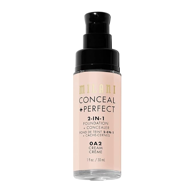 Milani Conceal + Perfect 2-in-1 Foundation + Concealer for a Flawless Complexion, Under Eye Corrector, Cover Redness and Imperfections, Waterproof and Sweatproof - 0A2-Cream