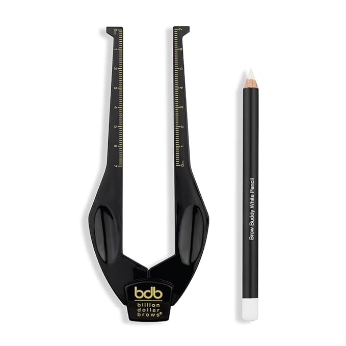 Billion Dollar Brows Brow Buddy Kit - Patented Symmetrical Eyebrow Shaping Tool and Contouring Stencil - Professional Brow Mapping Set with White Pencil for Tweezing, Waxing and Threading - 2 Pieces