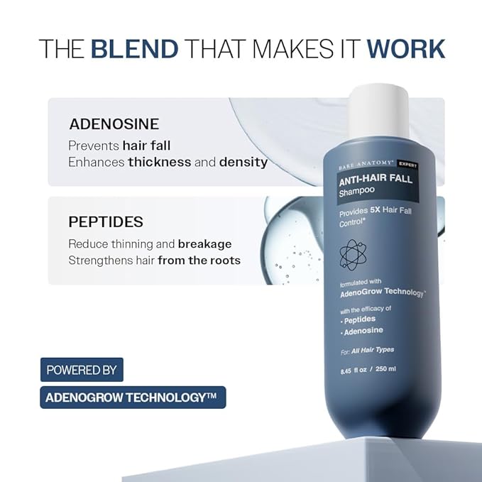 Bare Anatomy Anti-Hair Fall Shampoo | Provides 5x Hair Fall Control | pH 4.6 | Adenosine & Peptides | Strengthens Weak Roots & Reduces Breakage | Sulphate & Paraben Free | Unisex | 250ml