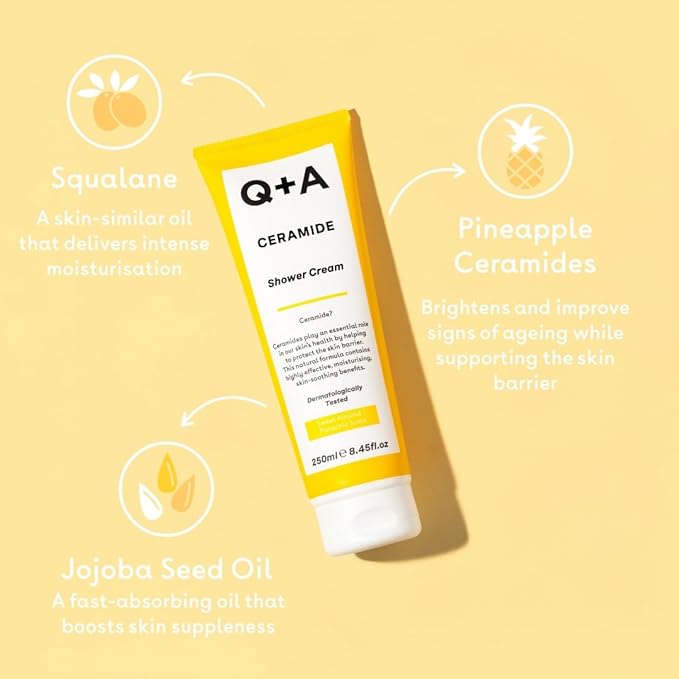 Q+A Ceramide Shower Cream, provides a gentle cleanse, deeply nourishing the skin with a rich and creamy formula of Squalane, Jojoba Seed Oil, and a sustainable Ceramide Extract from pineapples, 250ml