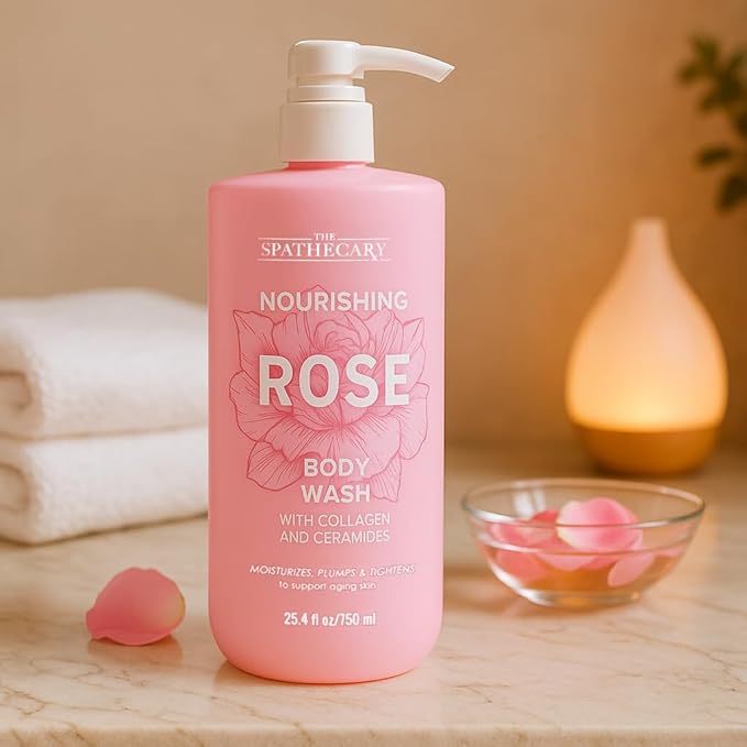Rose Body Wash with Collagen & Ceramides – Hydrating Moisturizing Shower Gel for Dry & Mature Skin, Daily Cleanser with Rose Extract for Soft Skin, Vegan, Sulfate Free, 25.4 fl oz