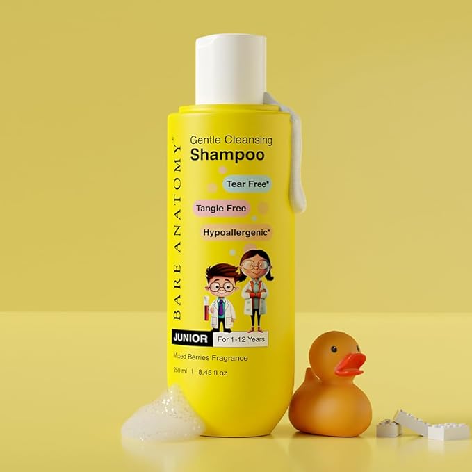 Bare Anatomy Junior Gentle Cleansing Shampoo For Kids from 1-12 Years | Tear-Free & Hypoallergenic pH 5.5 | Coconut Milk Protein, Almond Oil, Vitamin E & Strawberry | SLS & Paraben Free | Vegan -250ml