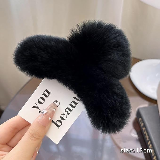 YOYLMAL Large Faux Fur Hair Claw Clip for Women, 5.1 Inches Winter Fluffy Fuzzy Hair Clips, Nonslip Strong Hold Furry Big Jaw Clamp for Thick Long Hair (Black)