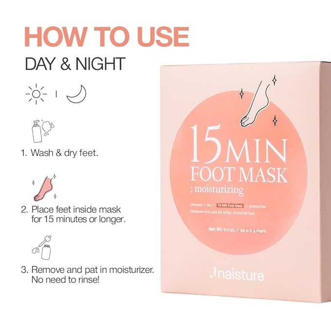 Naisture 15 Min Foot Moisturizing Mask – Reviving Sock Mask with Shea Butter & Jojoba Oil for Dry Feet and Heels