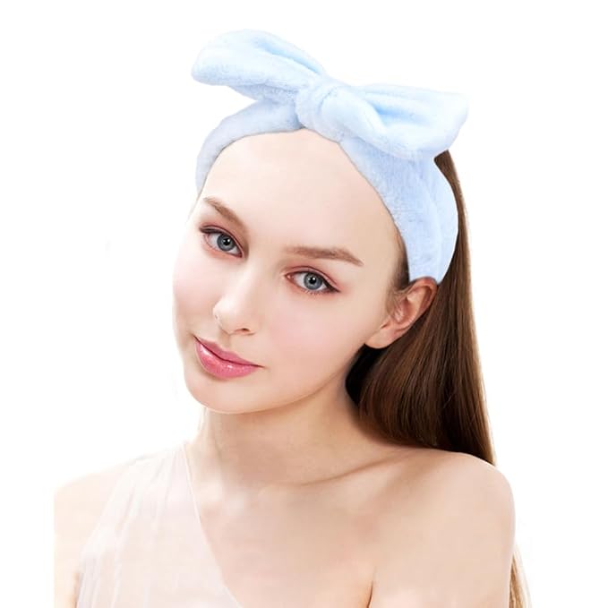 SPA Headbands for Washing Face Makeup Headbands with Bow Hair Band Women Facial Head Band Wrist Towel Wraps For Shower Face Mask Blue, 6 Pack
