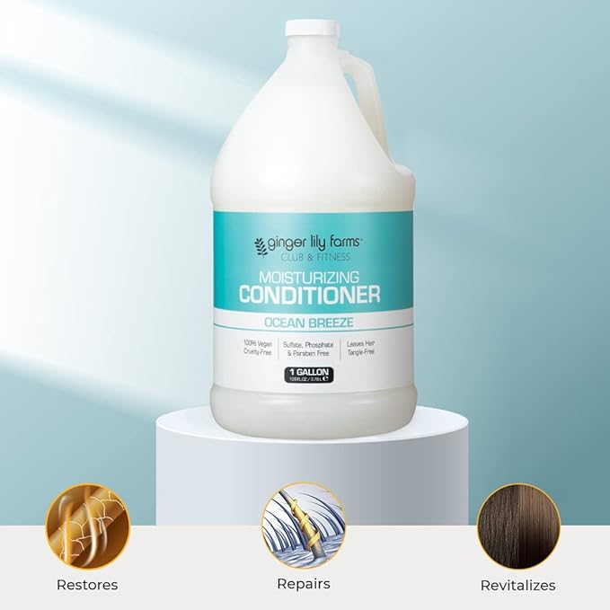Ginger Lily Farms Club & Fitness Moisturizing Conditioner for Dry Hair, 100% Vegan & Cruelty-Free, Ocean Breeze Scent, 1 Gallon Refill (Pack of 4)