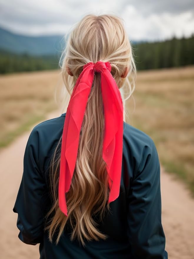 3PCS Hair Scarf Scruncheis for Women Knotted Bow Hair Ties Elastic Bands Satin Hair Ribbon Scrunchy Red Ponytail Holder for Women and Girls (Red Yellow Blue)