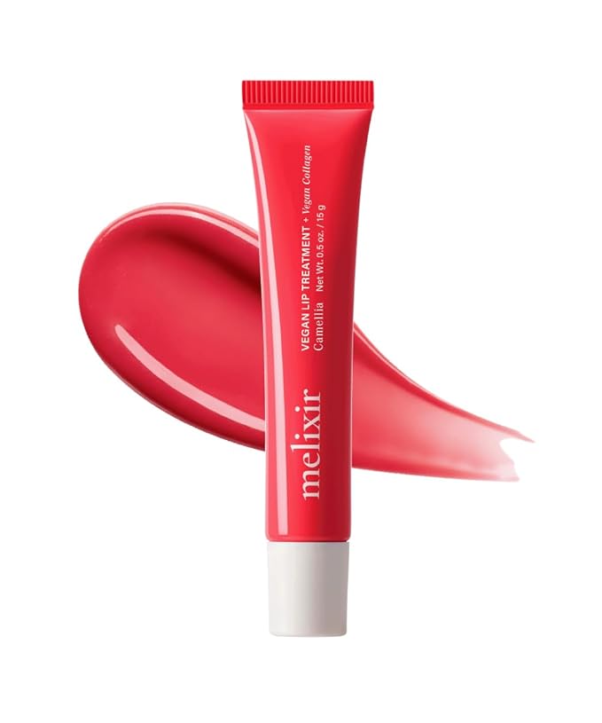 Melixir Vegan Lip Treatment, Sheer Tinted Lip Balm for Instant Hydration & Shine, Moisturizing Lip Gloss, Infused with Vegan Collagen & Jojoba Oil, Cruelty-Free, Korean Skincare-5 Camellia(0.5oz/15g)